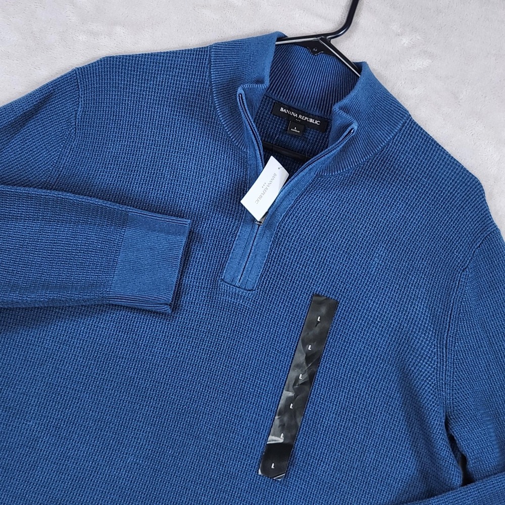 Banana Republic Sweater Mens Large Blue 1/4 Zip Mock Neck Cotton Knit Pullover
